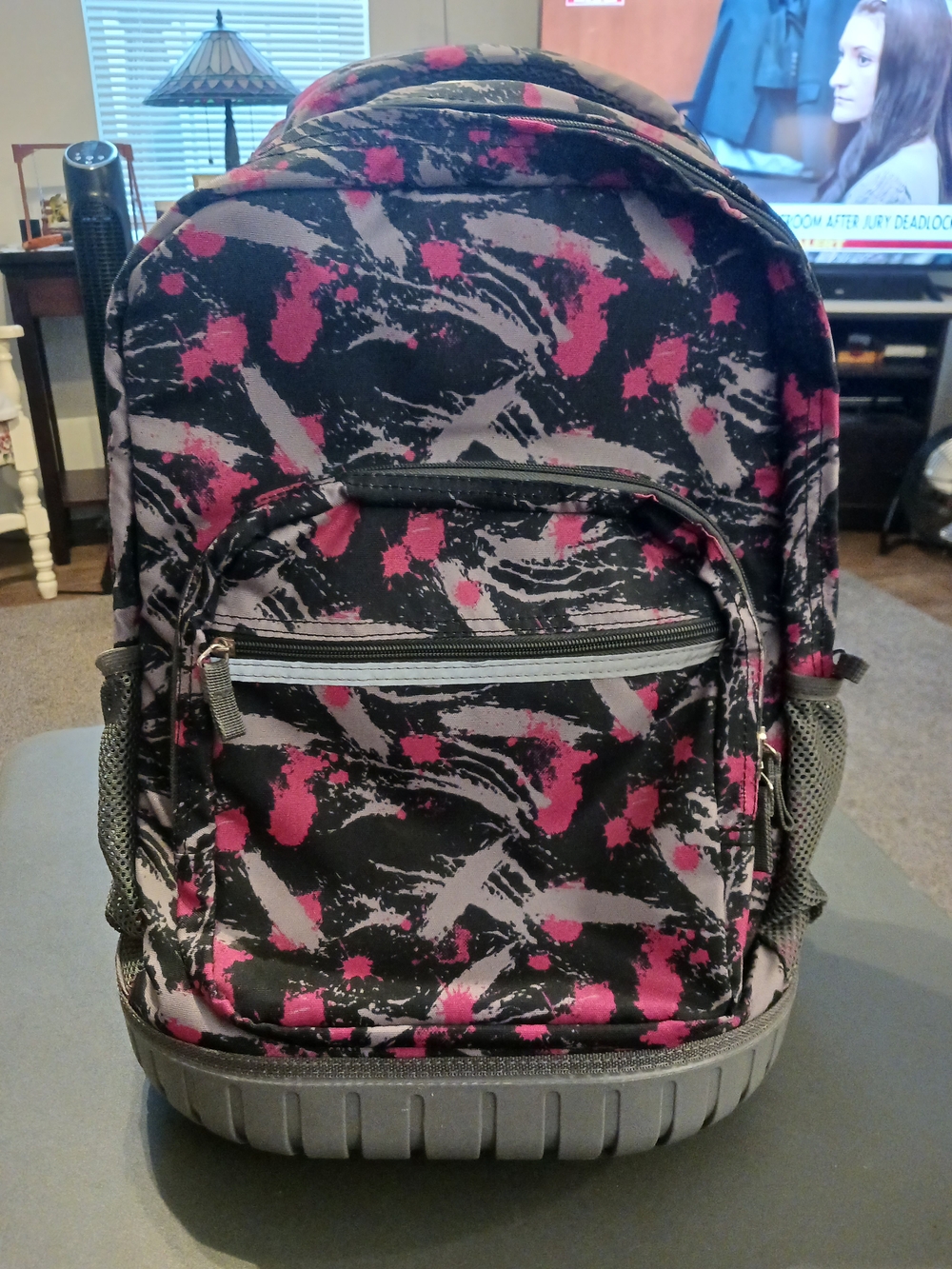 Stylish Black & Pink Wheeled Backpack W/ Grey Accents Adj Handle School Travel